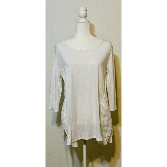 SOFT SURROUNDINGS Women Size M White Embroidered Hem 3/4 Sleeve Top Essential - Picture 1 of 9